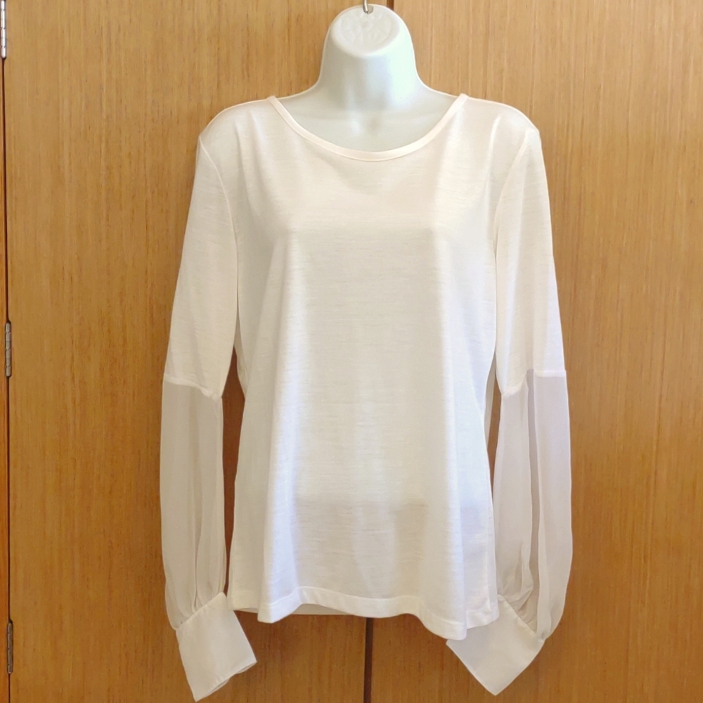 LS White W/Sheer Sleeves Top SZ L BY Newport News Easy Style